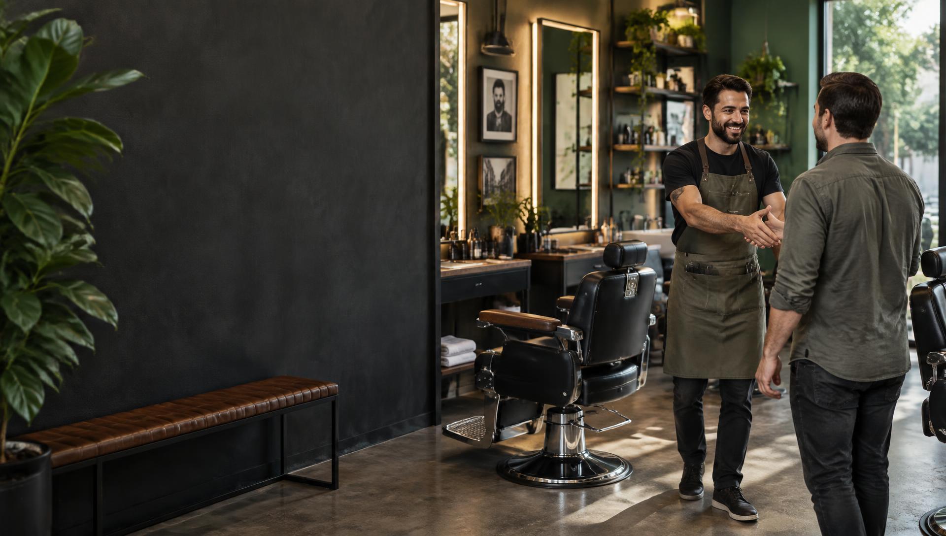 Barbeiro recebendo um cliente em uma barbearia organizada